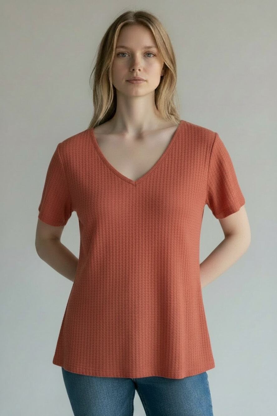 SHEIN Women’s Pink Waffle Knit V-Neck Short Sleeve Top Size XS 2